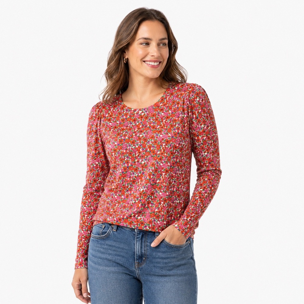 J.Crew Floral Long Sleeve Tee Women S Red Pink Ditsy Floral Puff Shoulder Cotton